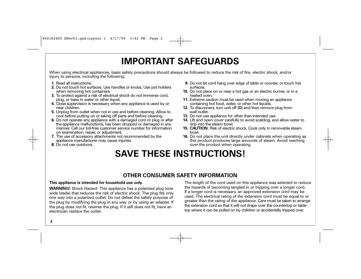 Important safeguards, Save these instructions | Hamilton Beach 37537 User Manual | Page 2 / 32
