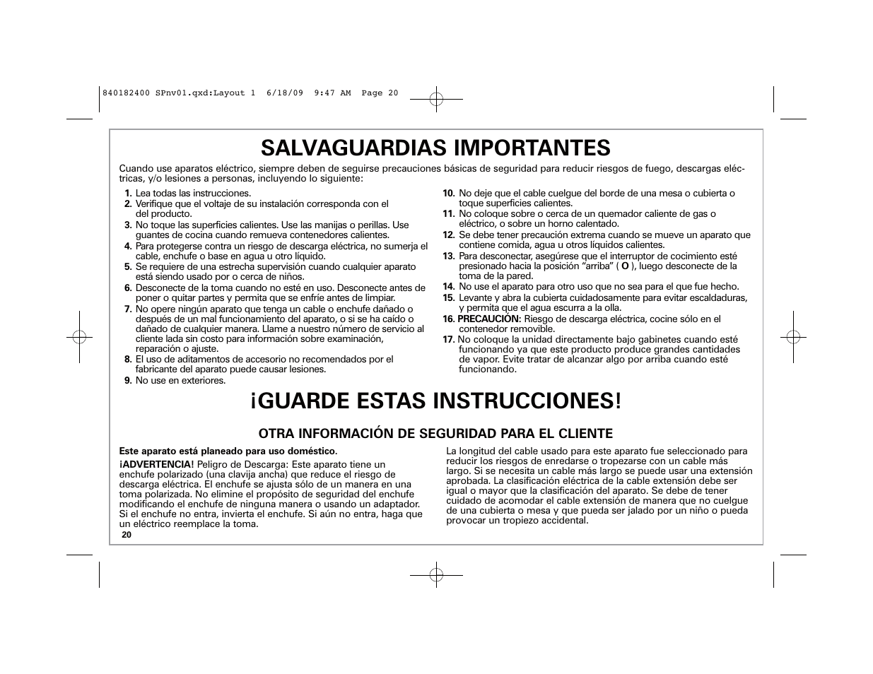 Salvaguardias importantes, Guarde estas instrucciones | Hamilton Beach 37537 User Manual | Page 20 / 32
