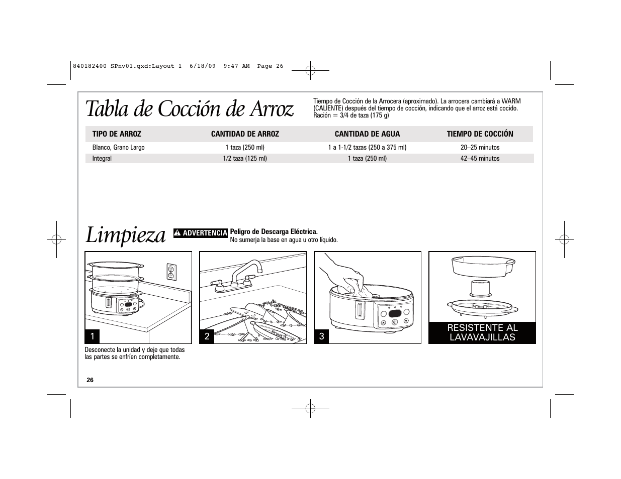 Limpieza, Tabla de cocción de arroz | Hamilton Beach 37537 User Manual | Page 26 / 32