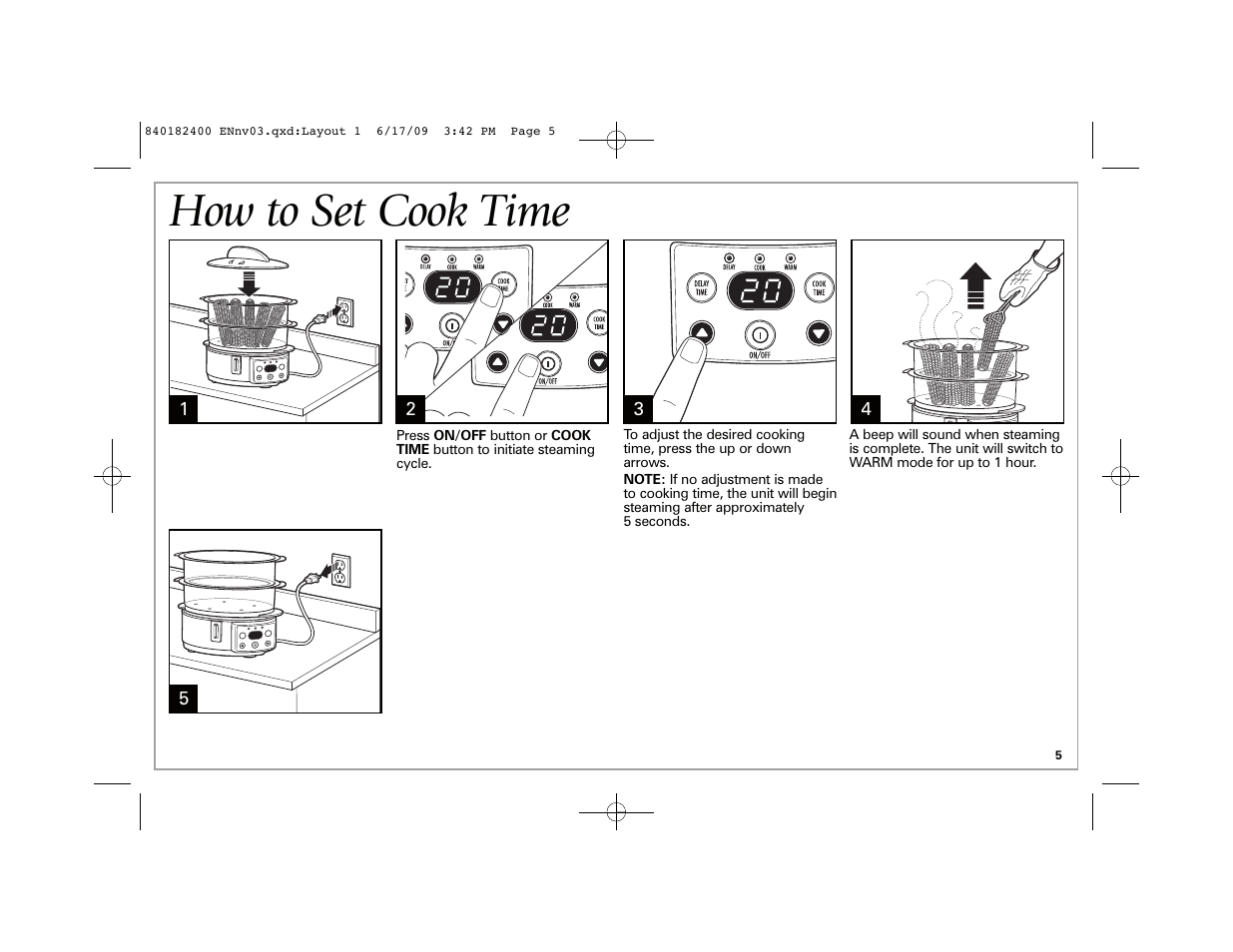 How to set cook time | Hamilton Beach 37537 User Manual | Page 5 / 32