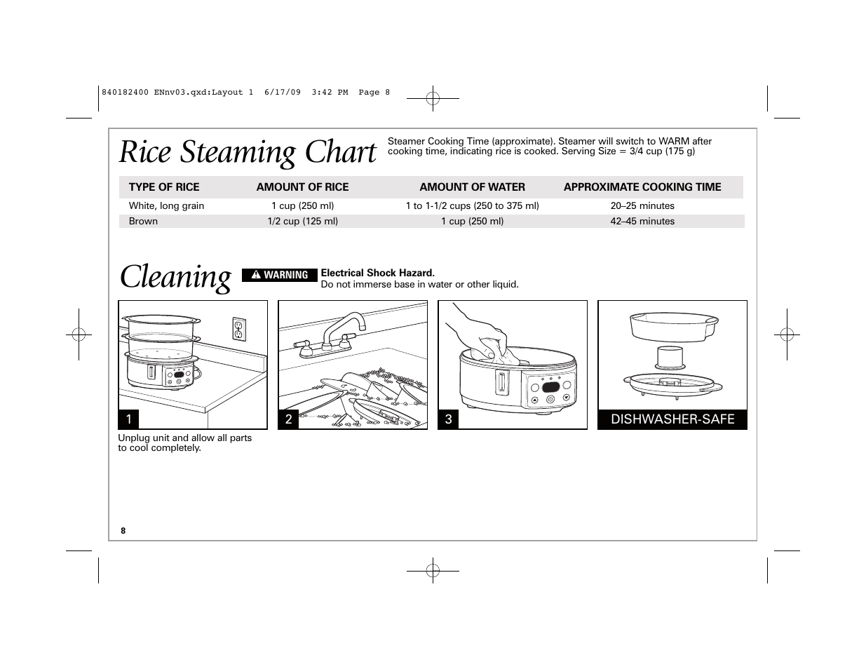 Cleaning, Rice steaming chart | Hamilton Beach 37537 User Manual | Page 8 / 32