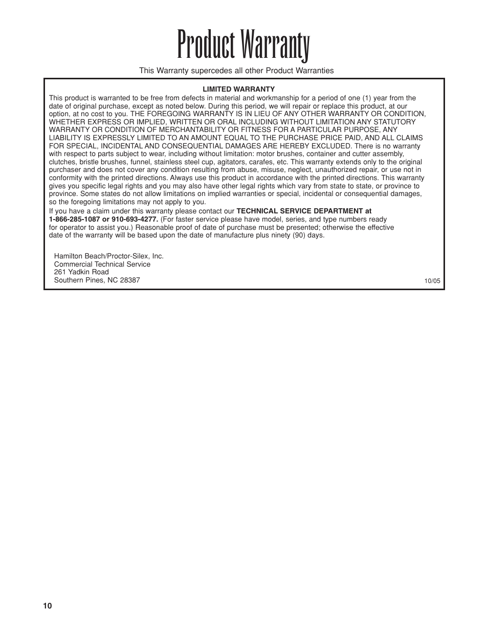 Product warranty | Hamilton Beach HBB908 User Manual | Page 10 / 28