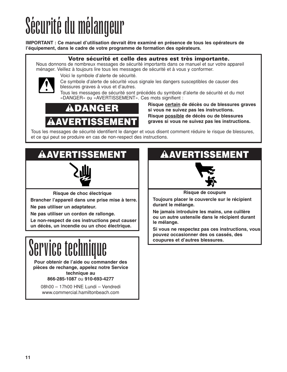 Sécurité du mélangeur, Service technique, Wavertissement | Wdanger w avertissement | Hamilton Beach HBB908 User Manual | Page 11 / 28