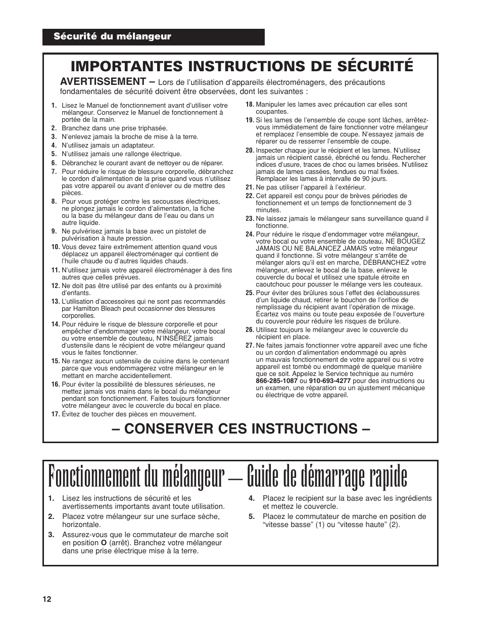 Conserver ces instructions, Importantes instructions de sécurité, Avertissement | Hamilton Beach HBB908 User Manual | Page 12 / 28
