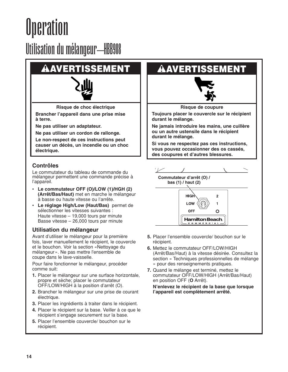 Operation, Utilisation du mélangeur–hbb908, Wavertissement | Hamilton Beach HBB908 User Manual | Page 14 / 28