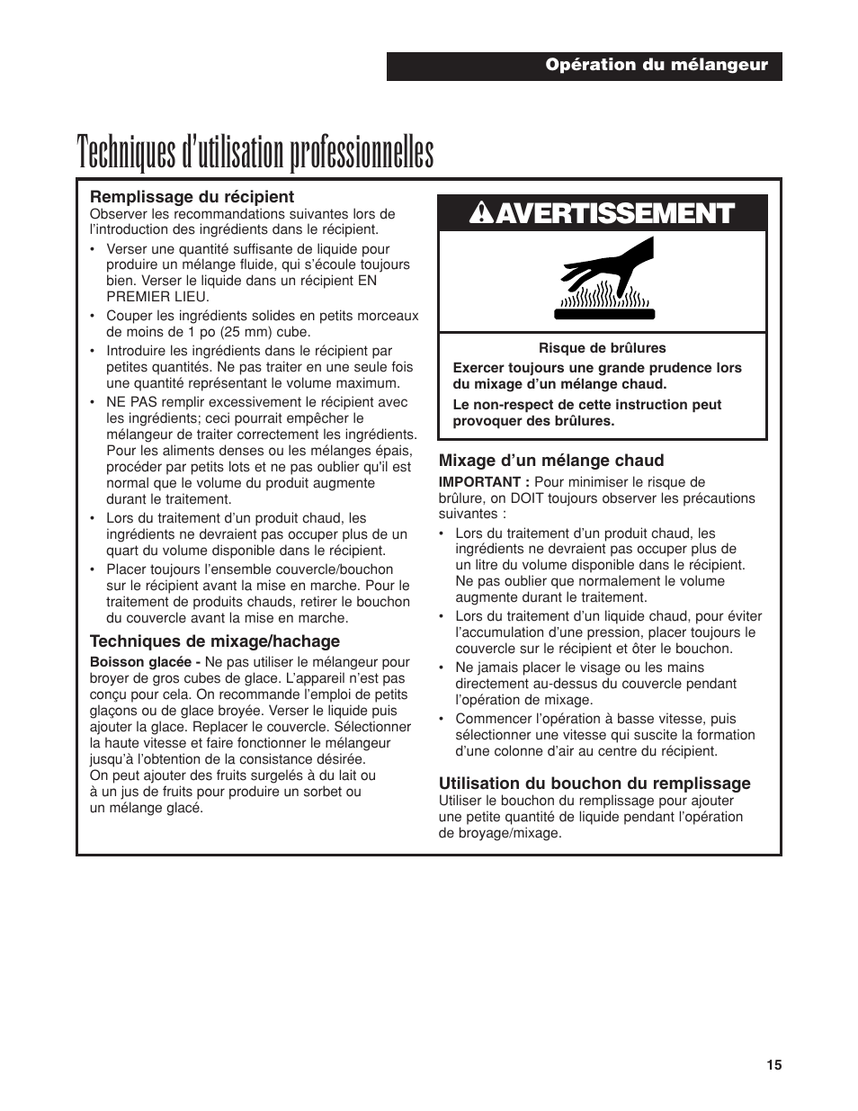 Techniques d’utilisation professionnelles, Wavertissement | Hamilton Beach HBB908 User Manual | Page 15 / 28