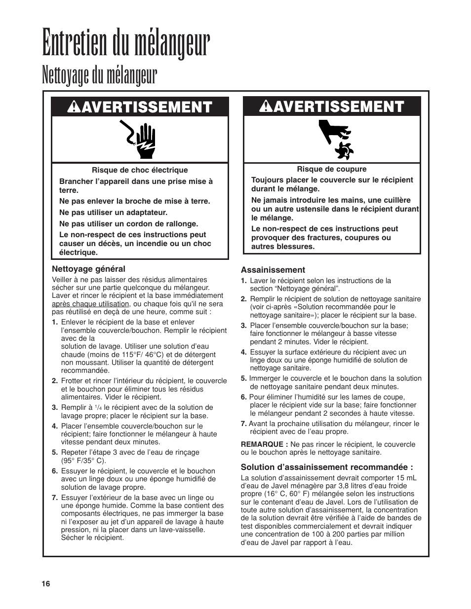 Entretien du mélangeur, Nettoyage du mélangeur, Wavertissement | Hamilton Beach HBB908 User Manual | Page 16 / 28