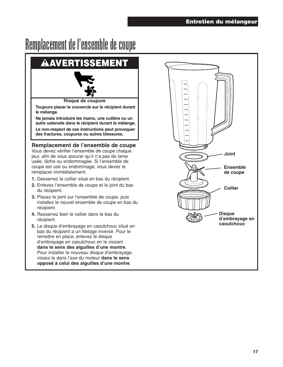 Remplacement de l’ensemble de coupe, Wavertissement | Hamilton Beach HBB908 User Manual | Page 17 / 28