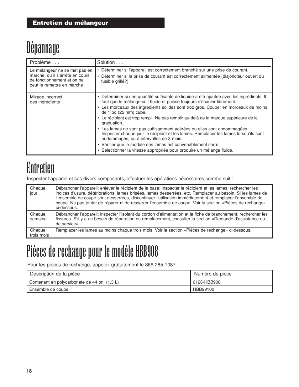 Pièces de rechange pour le modèle hbb908, Entretien, Dépannage | Hamilton Beach HBB908 User Manual | Page 18 / 28