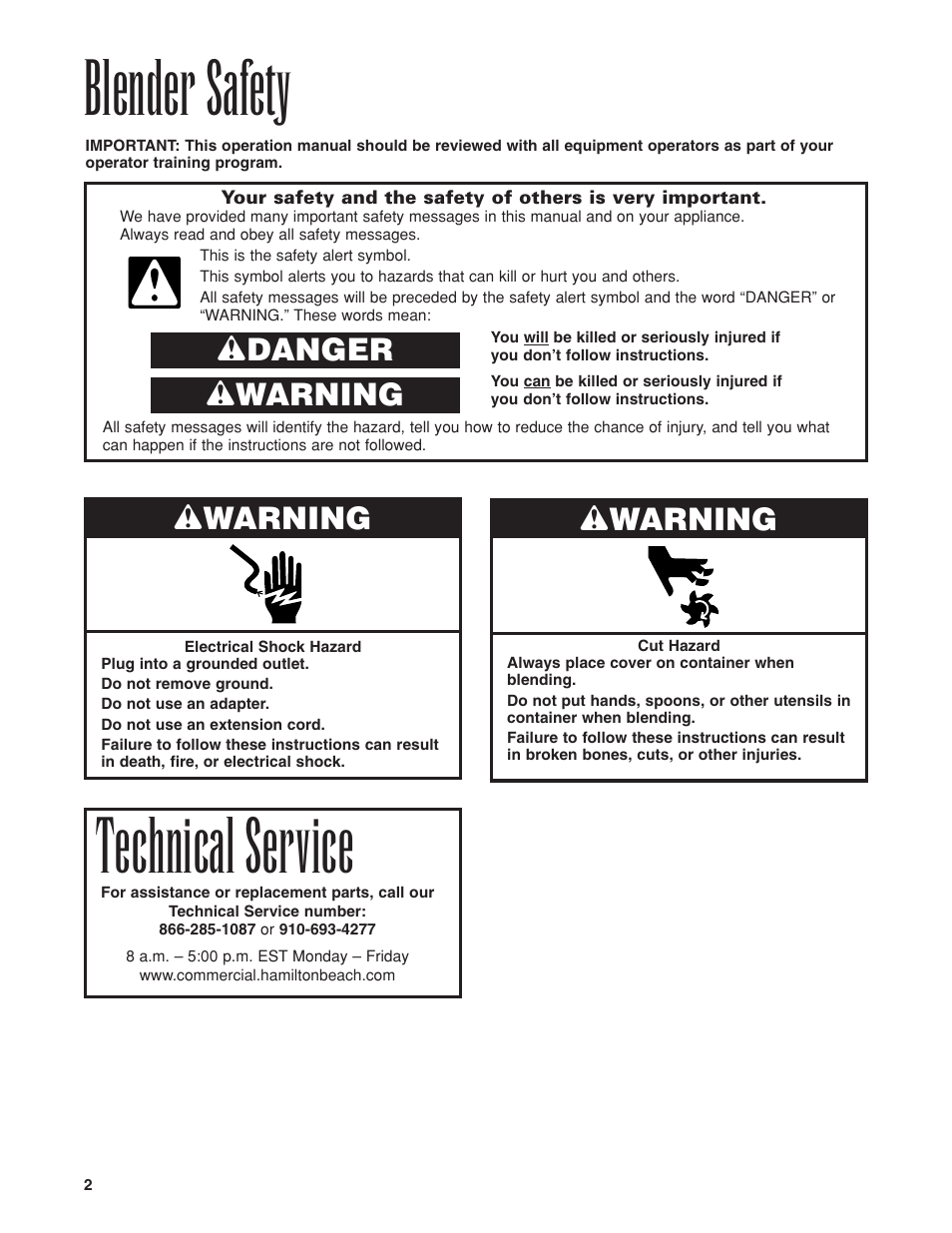 Blender safety, Technical service, Wdanger w warning | Wwarning | Hamilton Beach HBB908 User Manual | Page 2 / 28