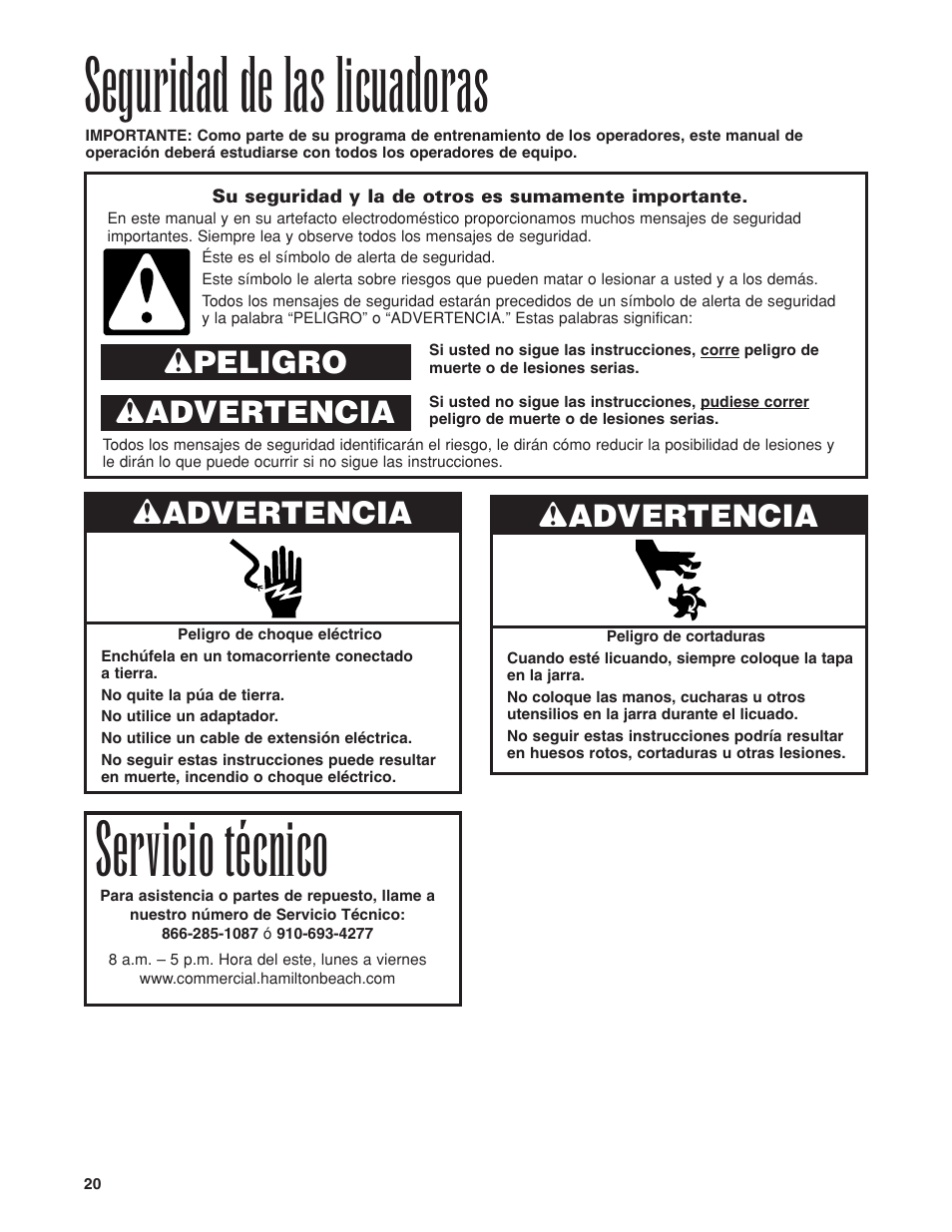 Seguridad de las licuadoras, Servicio técnico, Wadvertencia | Wpeligro w advertencia | Hamilton Beach HBB908 User Manual | Page 20 / 28