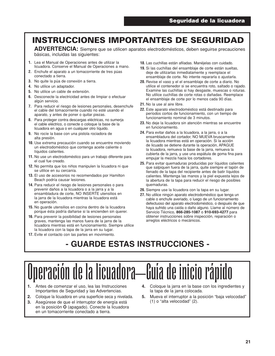 Operación de la licuadora–guía de inicio rápido, Instrucciones importantes de seguridad, Guarde estas instrucciones | Advertencia | Hamilton Beach HBB908 User Manual | Page 21 / 28