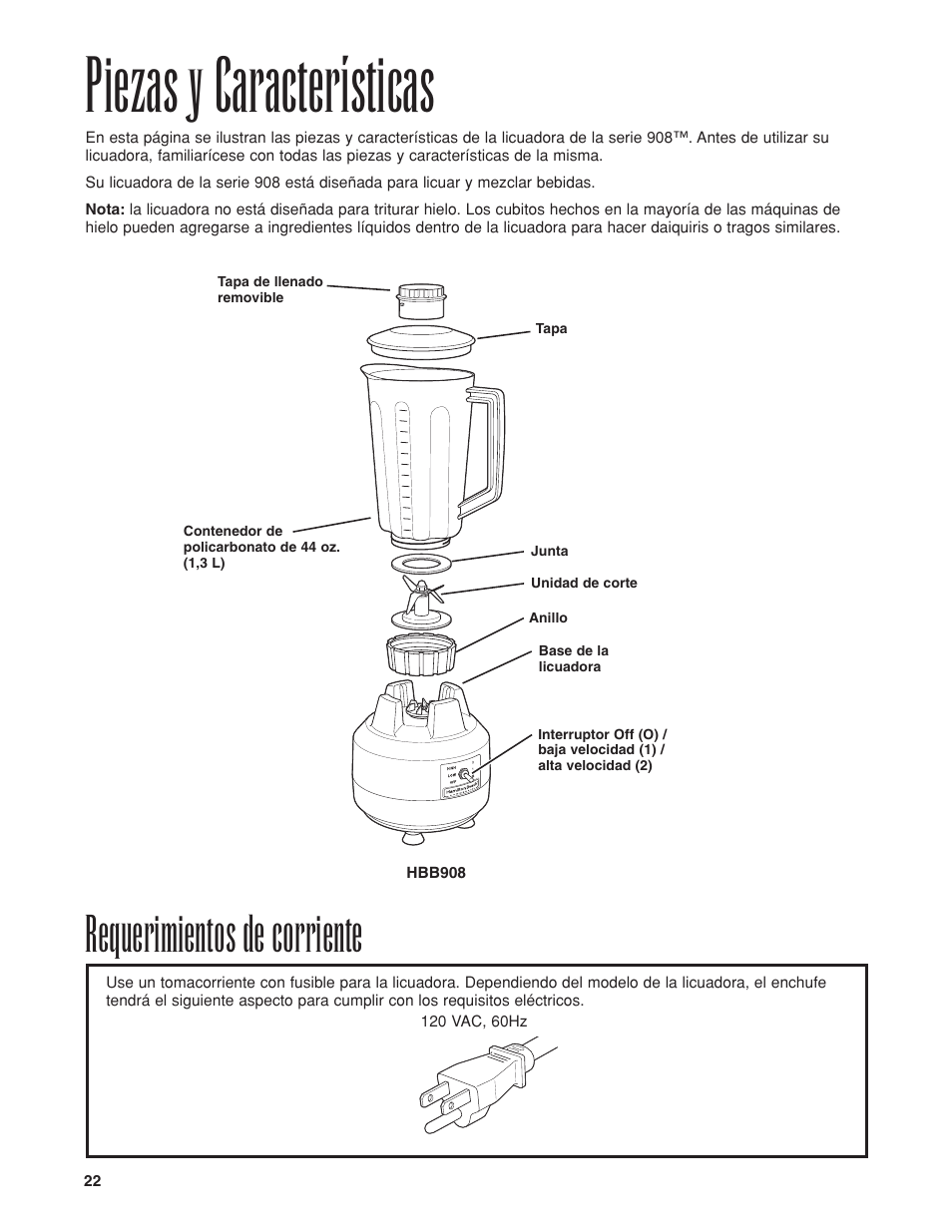 Piezas y características, Requerimientos de corriente | Hamilton Beach HBB908 User Manual | Page 22 / 28