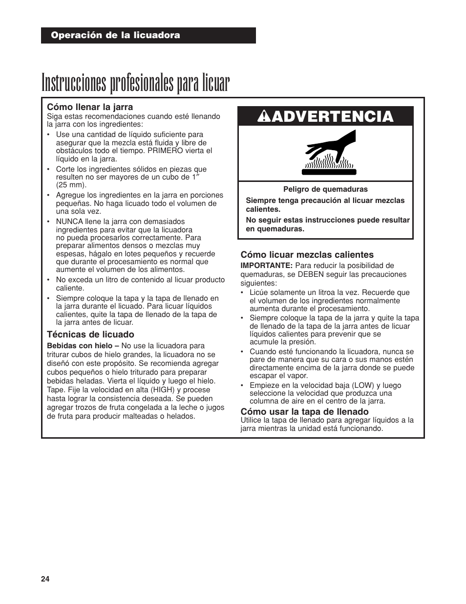 Instrucciones profesionales para licuar, Wadvertencia | Hamilton Beach HBB908 User Manual | Page 24 / 28