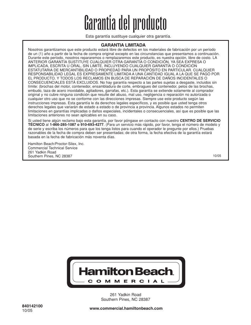 Garantía del producto | Hamilton Beach HBB908 User Manual | Page 28 / 28