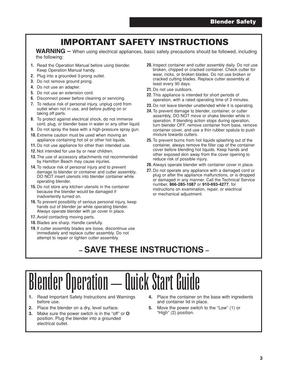 Blender operation – quick start guide, Save these instructions, Important safety instructions | Warning | Hamilton Beach HBB908 User Manual | Page 3 / 28