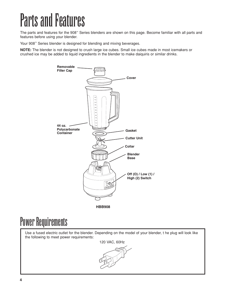 Parts and features, Power requirements | Hamilton Beach HBB908 User Manual | Page 4 / 28