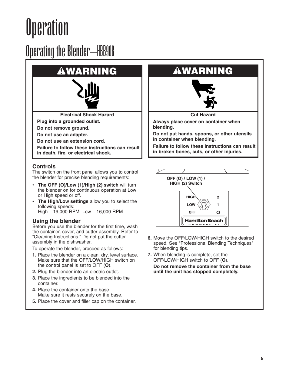 Operation, Operating the blender–hbb908, Wwarning | Hamilton Beach HBB908 User Manual | Page 5 / 28