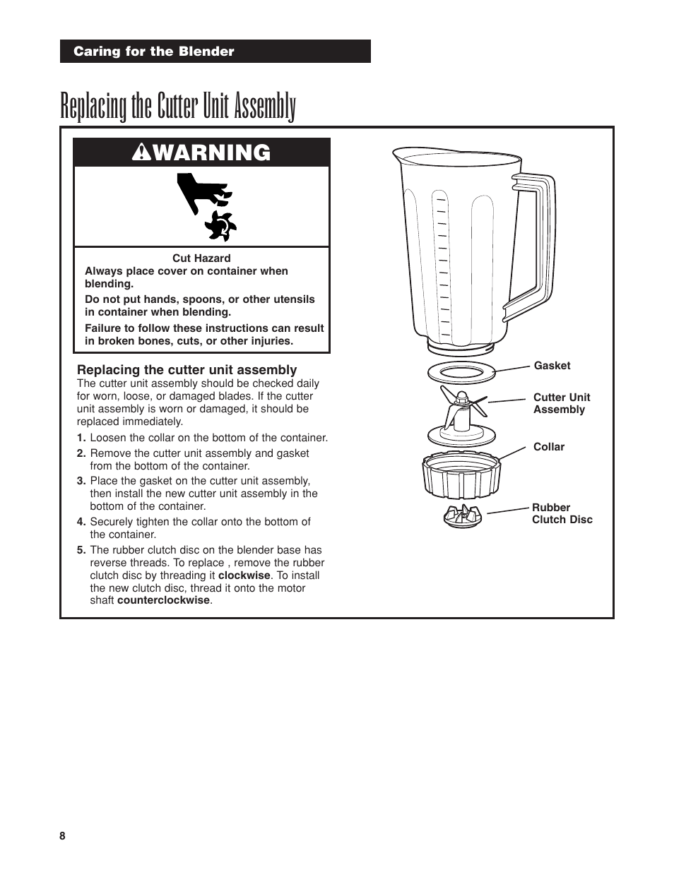 Replacing the cutter unit assembly, Wwarning | Hamilton Beach HBB908 User Manual | Page 8 / 28