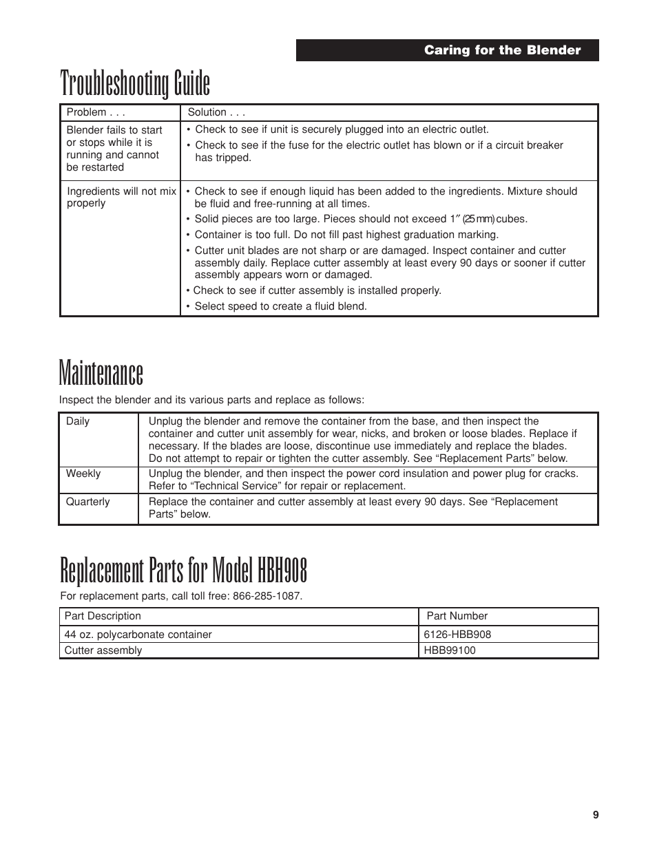 Maintenance | Hamilton Beach HBB908 User Manual | Page 9 / 28