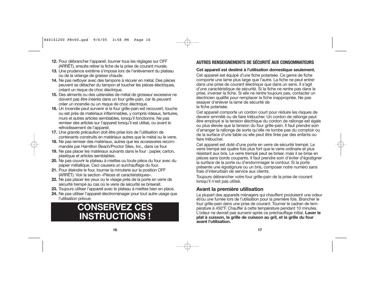 Conservez ces instructions | Hamilton Beach 31160 User Manual | Page 10 / 25