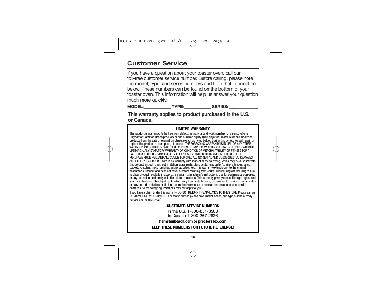 Customer service | Hamilton Beach 31160 User Manual | Page 8 / 25