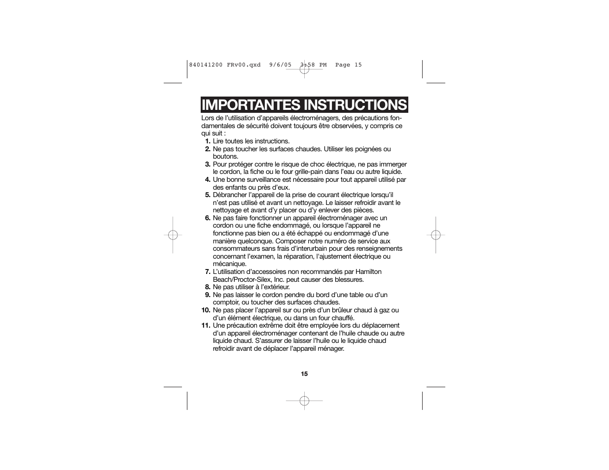 Importantes instructions | Hamilton Beach 31160 User Manual | Page 9 / 25