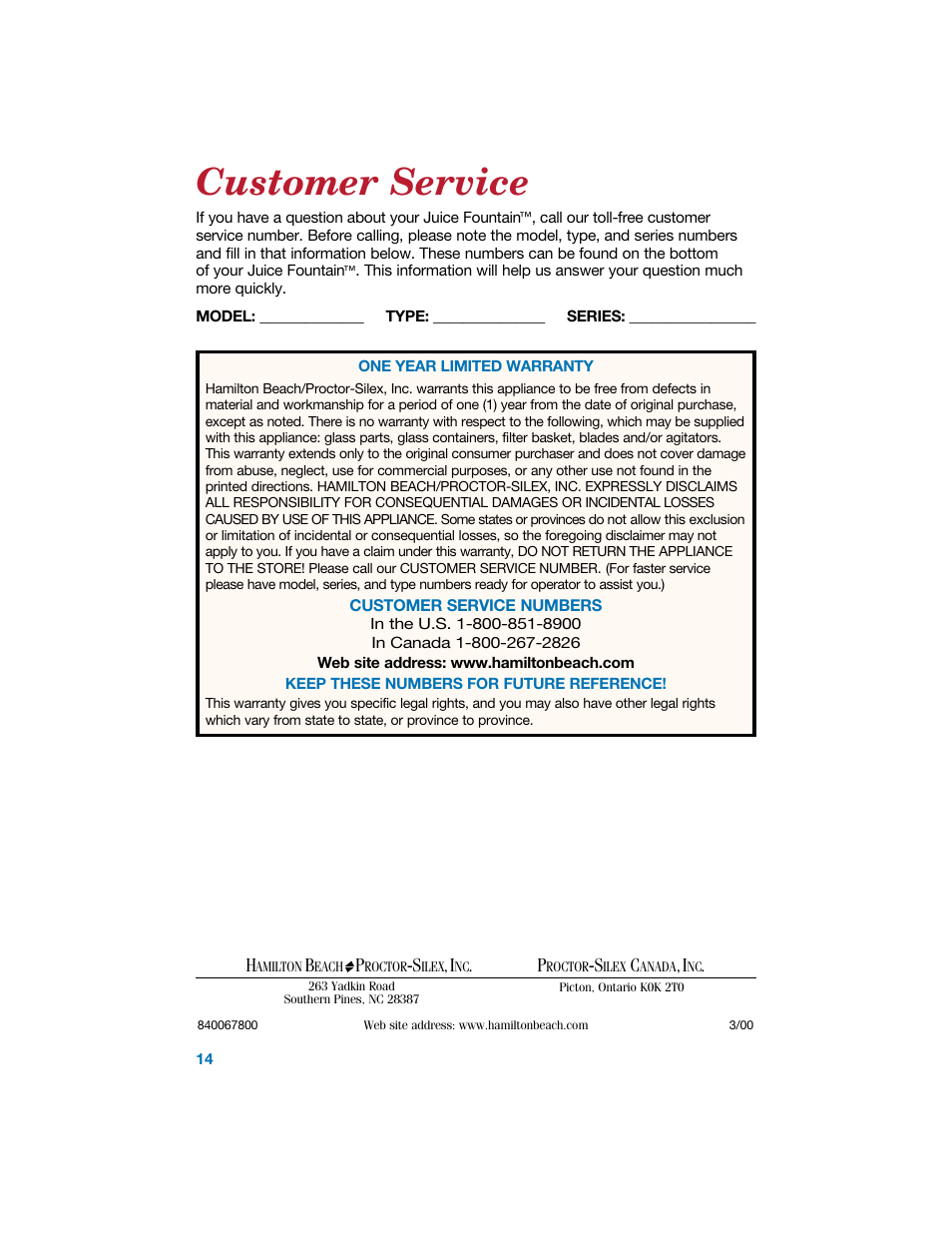 Customer service | Hamilton Beach 840067800 User Manual | Page 14 / 14