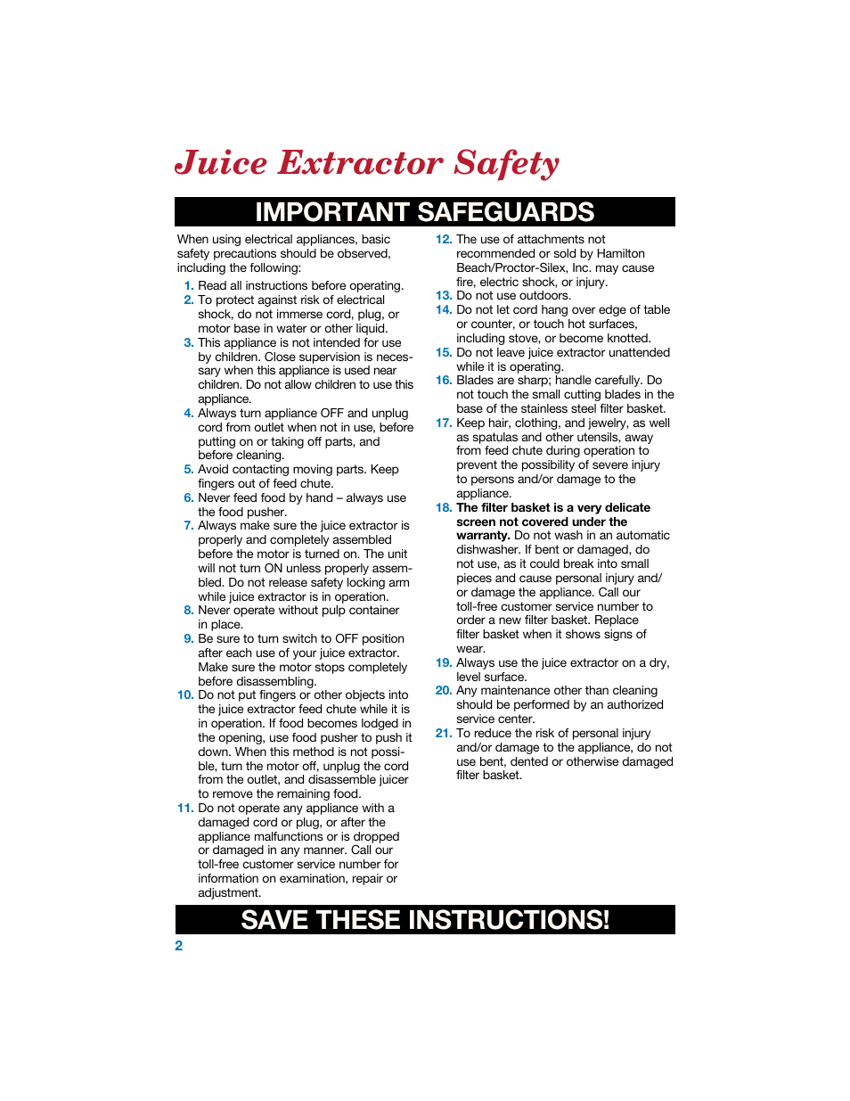 Juice extractor safety, Important safeguards save these instructions | Hamilton Beach 840067800 User Manual | Page 2 / 14