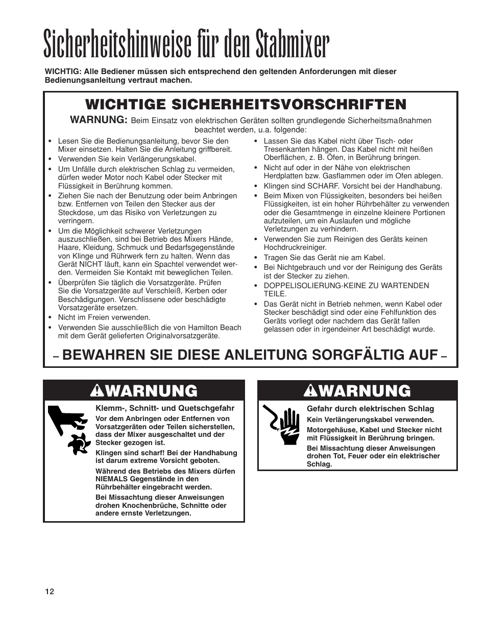 Sicherheitshinweise für den stabmixer, W warnung, Wichtige sicherheitsvorschriften | Bewahren sie diese anleitung sorgfältig auf | Hamilton Beach 1GHMI 200 User Manual | Page 12 / 36