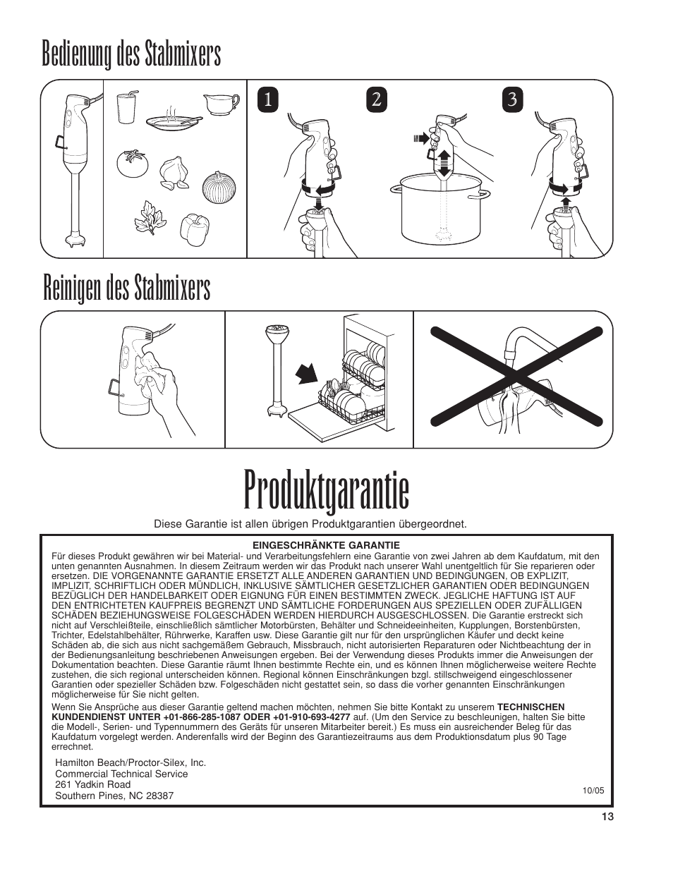 Produktgarantie, Bedienung des stabmixers reinigen des stabmixers | Hamilton Beach 1GHMI 200 User Manual | Page 13 / 36