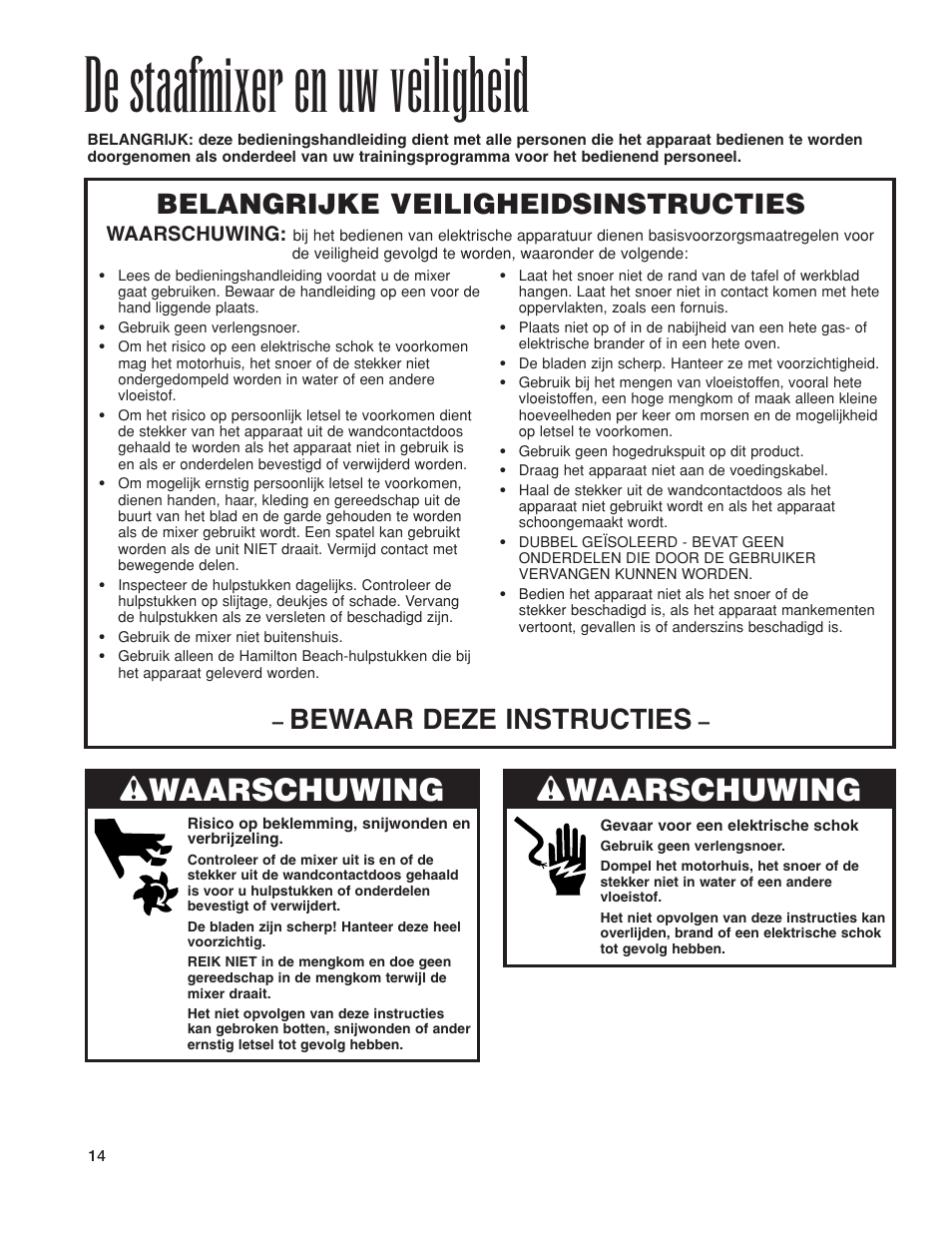 De staafmixer en uw veiligheid, W waarschuwing, Belangrijke veiligheidsinstructies | Bewaar deze instructies | Hamilton Beach 1GHMI 200 User Manual | Page 14 / 36