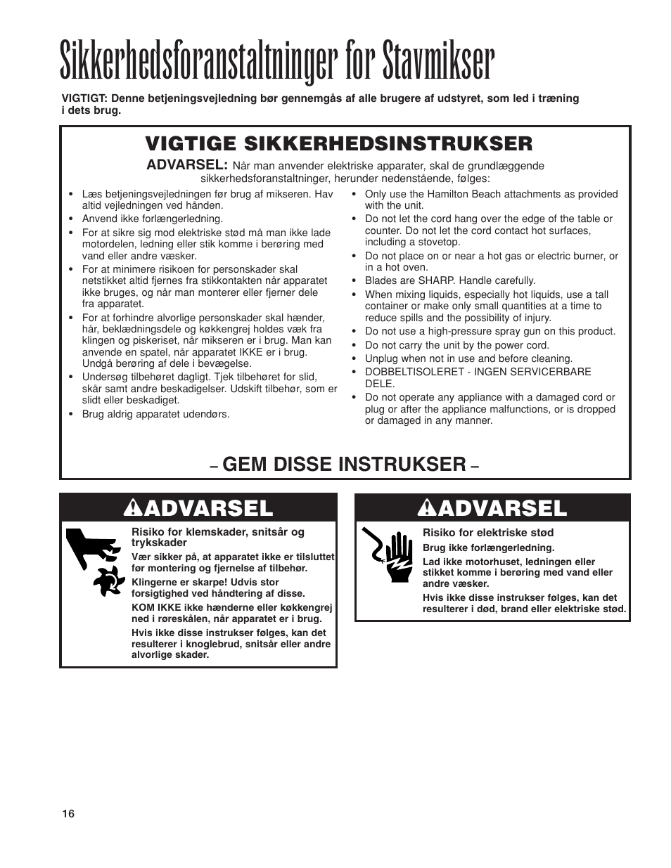 Sikkerhedsforanstaltninger for stavmikser, W advarsel, Vigtige sikkerhedsinstrukser | Gem disse instrukser | Hamilton Beach 1GHMI 200 User Manual | Page 16 / 36