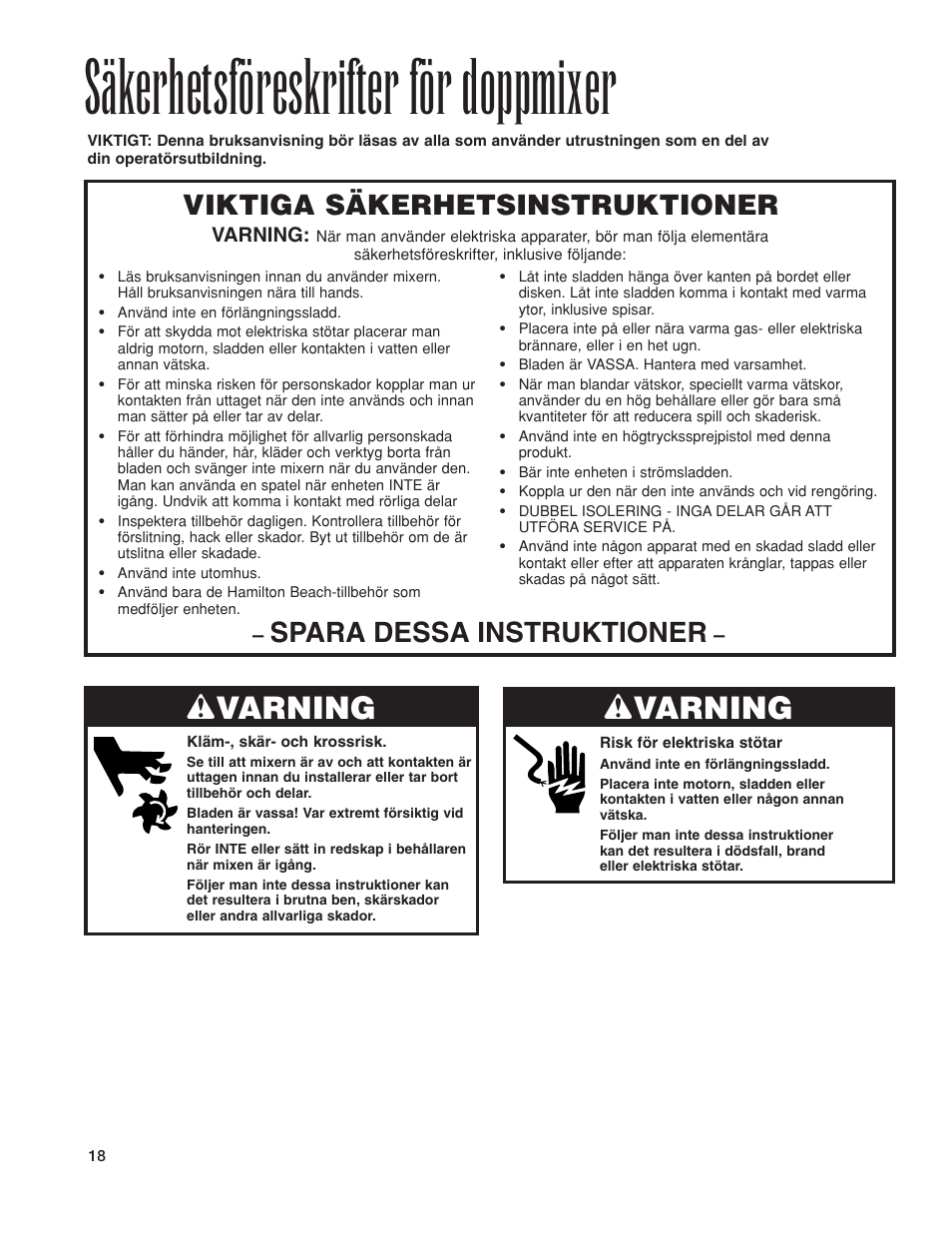 Säkerhetsföreskrifter för doppmixer, W varning, Viktiga säkerhetsinstruktioner | Spara dessa instruktioner | Hamilton Beach 1GHMI 200 User Manual | Page 18 / 36