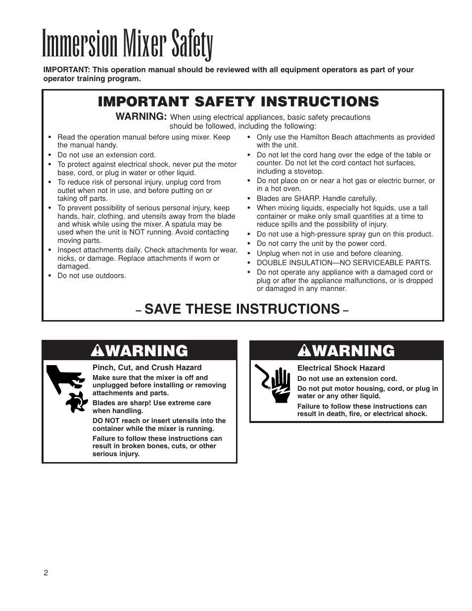 Immersion mixer safety, W warning, Important safety instructions | Save these instructions | Hamilton Beach 1GHMI 200 User Manual | Page 2 / 36