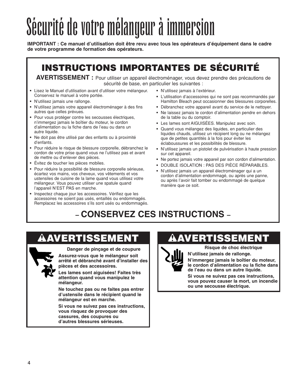 Sécurité de votre mélangeur à immersion, W avertissement, Instructions importantes de sécurité | Conservez ces instructions, Avertissement | Hamilton Beach 1GHMI 200 User Manual | Page 4 / 36