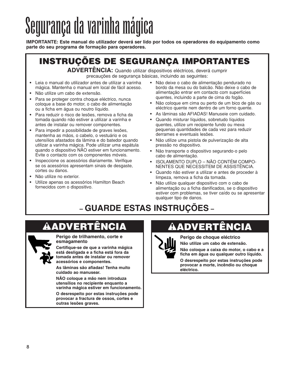 Segurança da varinha mágica, W advertência, Instruções de segurança importantes | Guarde estas instruções | Hamilton Beach 1GHMI 200 User Manual | Page 8 / 36