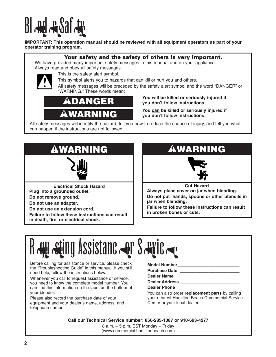 Blender safety, Requesting assistance or service, Wwarning | Wdanger w warning | Hamilton Beach Tango Series User Manual | Page 2 / 8