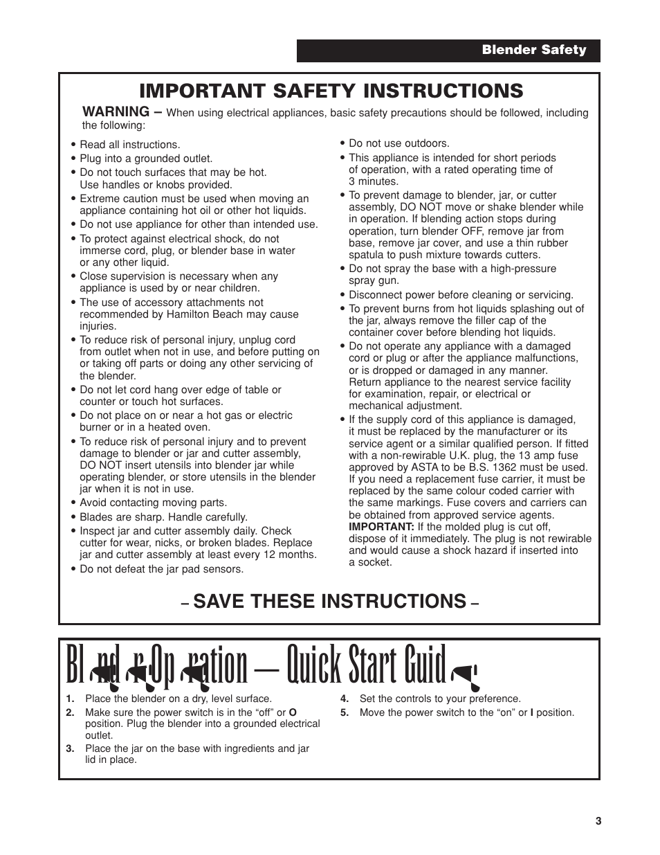 Blender operation – quick start guide, Save these instructions, Important safety instructions | Hamilton Beach Tango Series User Manual | Page 3 / 8