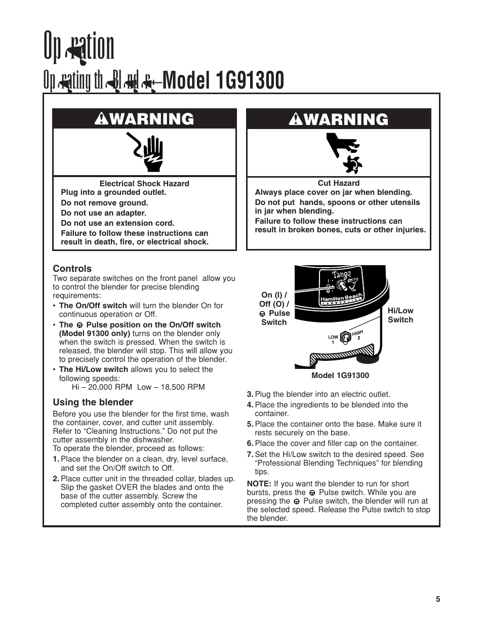 Operation, Wwarning | Hamilton Beach Tango Series User Manual | Page 5 / 8