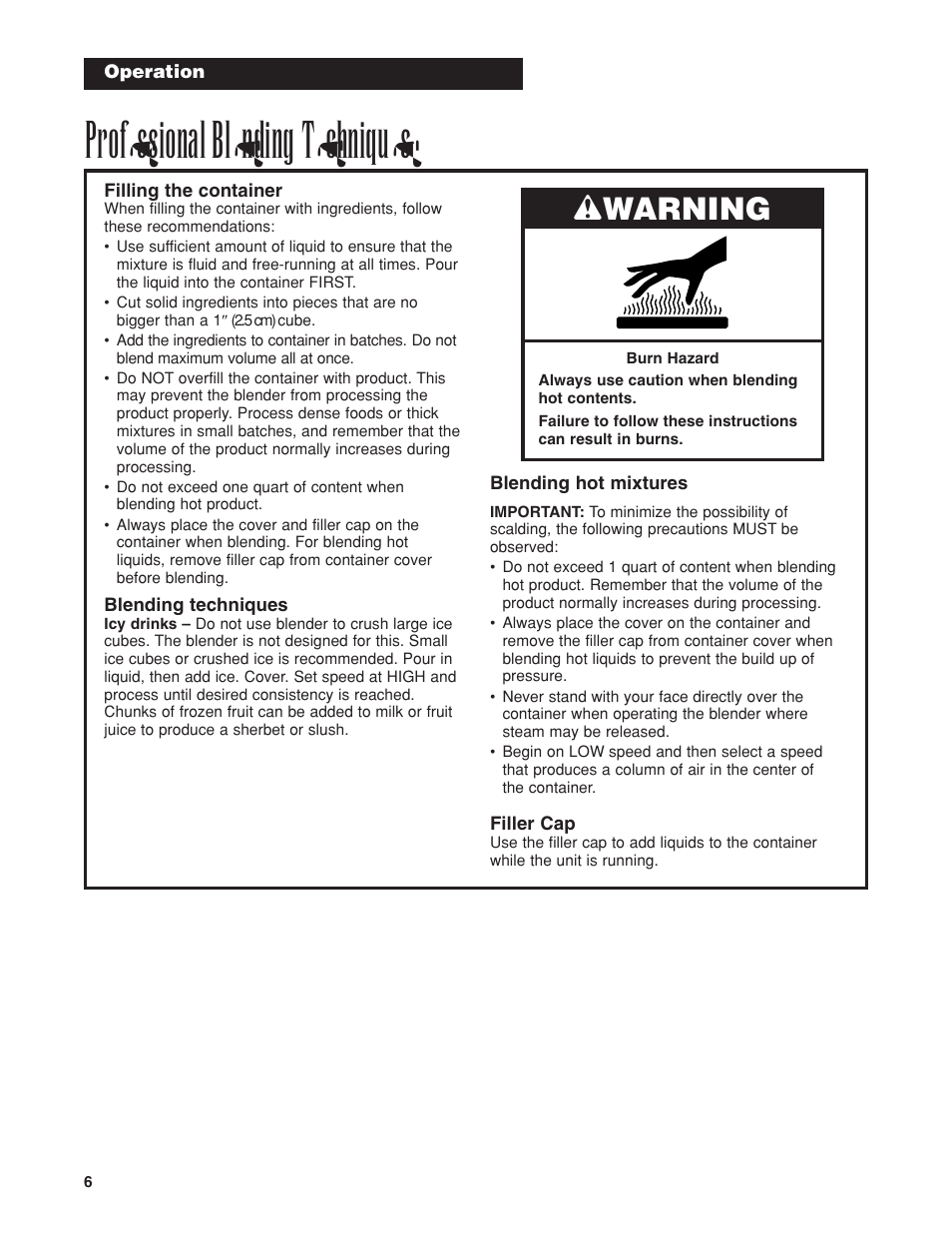 Professional blending techniques, Wwarning | Hamilton Beach Tango Series User Manual | Page 6 / 8