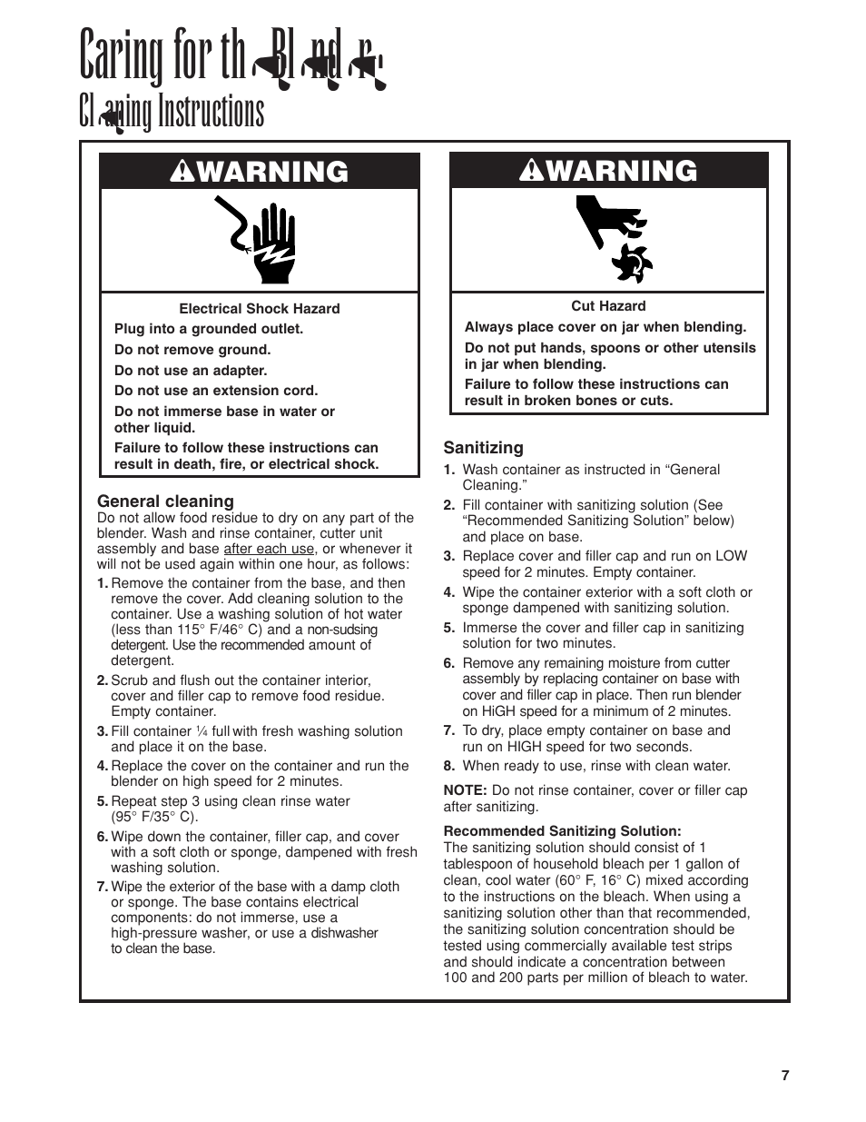 Caring for the blender, Cleaning instructions, Wwarning | Hamilton Beach Tango Series User Manual | Page 7 / 8