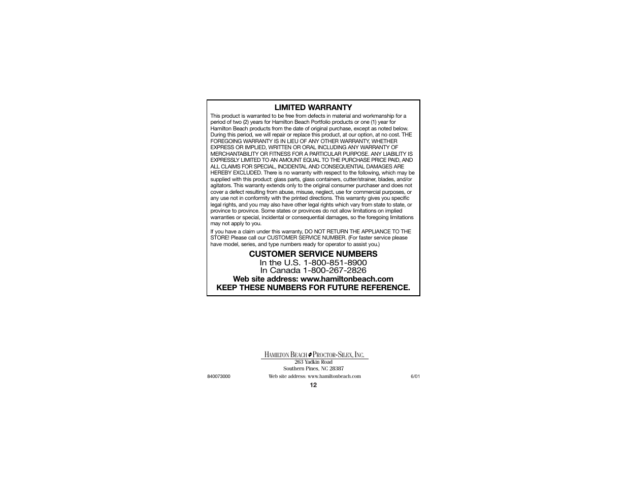 Hamilton Beach 840073000 User Manual | Page 7 / 7