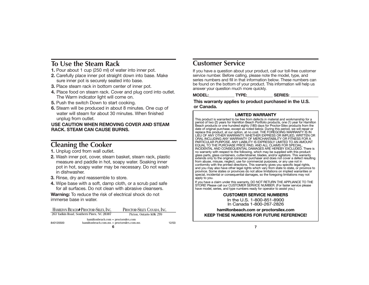 Customer service, Cleaning the cooker | Hamilton Beach 840120500 User Manual | Page 4 / 4