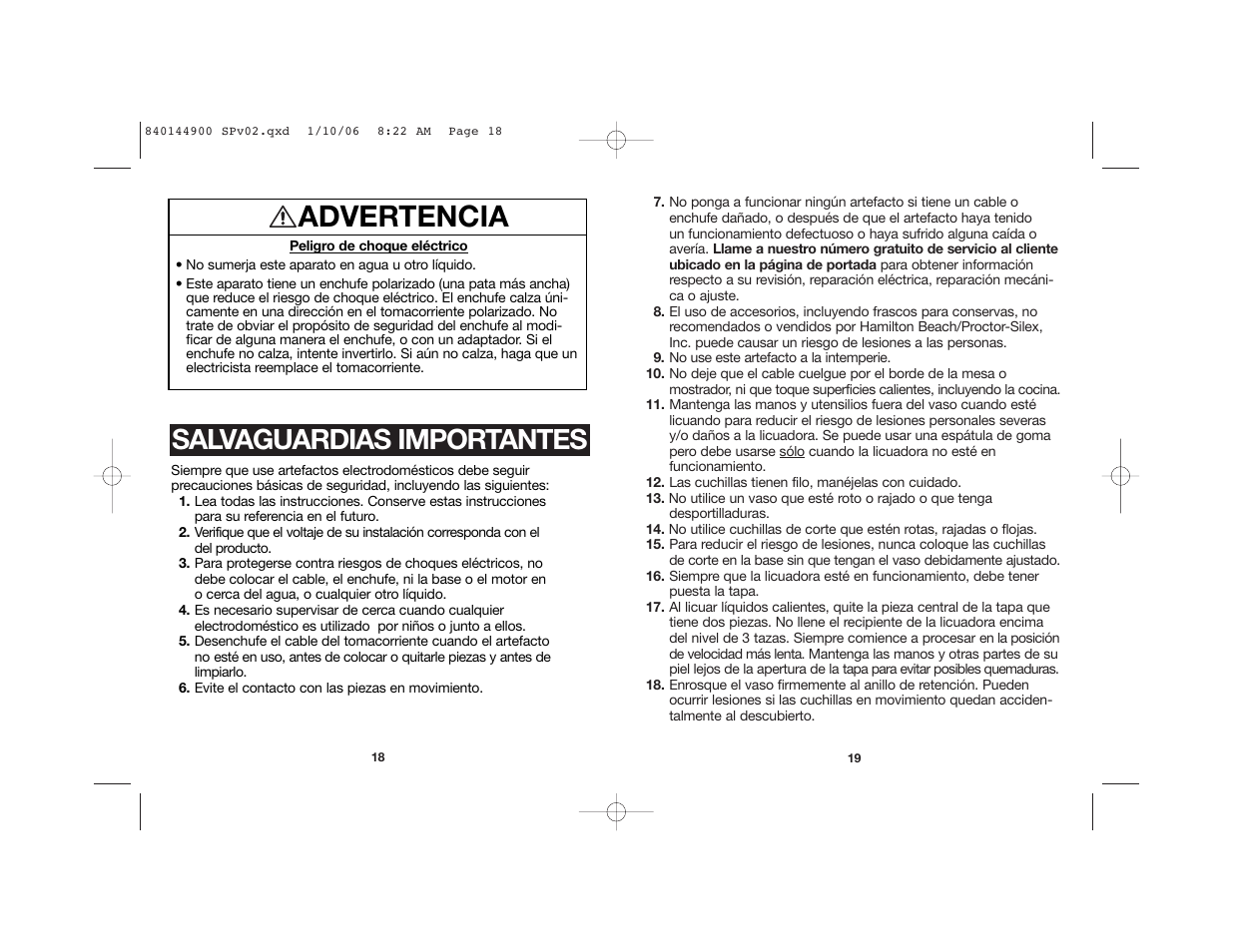 Advertencia, Salvaguardias importantes | Hamilton Beach 52230C User Manual | Page 10 / 15