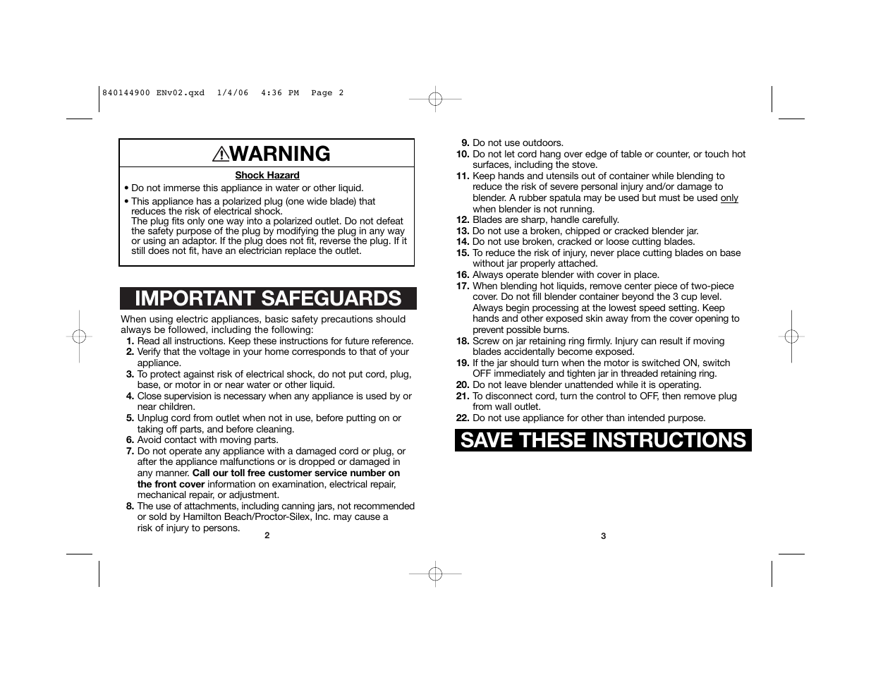 Important safeguards save these instructions, Warning | Hamilton Beach 52230C User Manual | Page 2 / 15