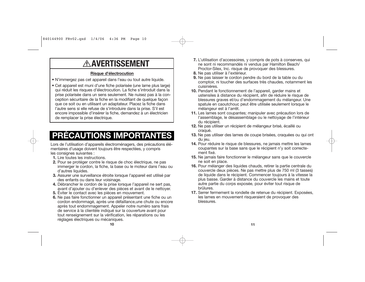 Avertissement, Précautions importantes | Hamilton Beach 52230C User Manual | Page 6 / 15