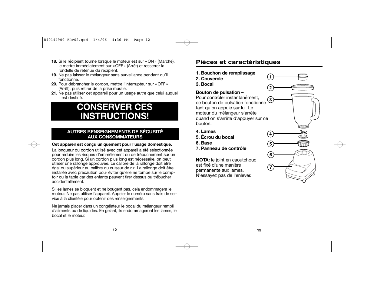 Conserver ces instructions | Hamilton Beach 52230C User Manual | Page 7 / 15