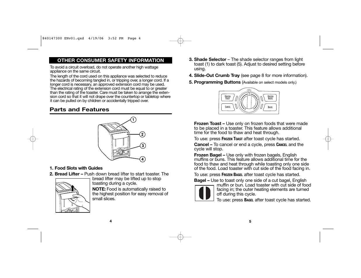 Parts and features, Other consumer safety information | Hamilton Beach 22655C User Manual | Page 3 / 16