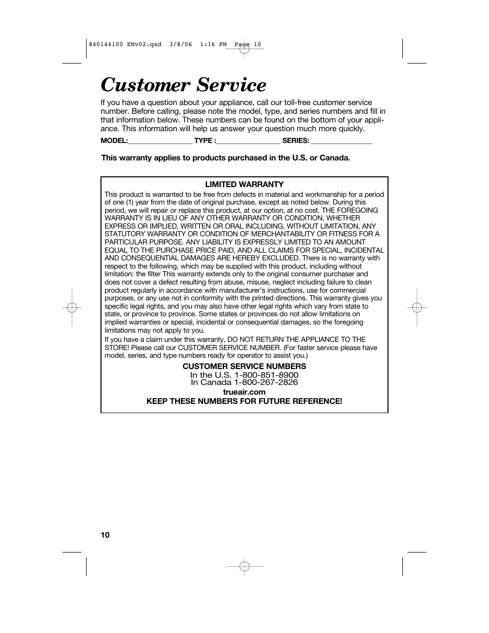 Customer service | Hamilton Beach 840144100 User Manual | Page 10 / 28